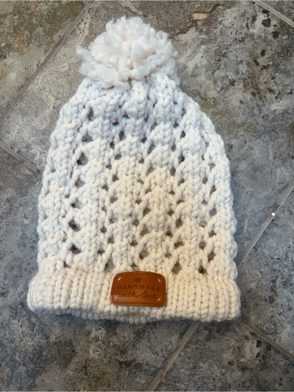 Cream Chunky Knit Beanie with Leather 'Handmade' Patch